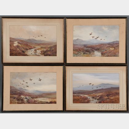 Roland Green (British, 1896-1972) Four Landscapes with Game Birds in Flight
