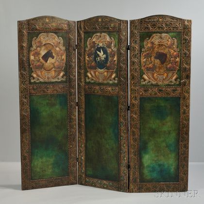 Embossed and Polychrome Painted Leather Folding Screen from Thomas W. Lawson's Dreamwold Estate, Scituate, Massachusetts