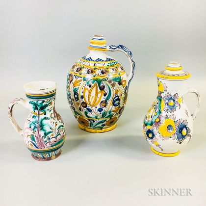 Three Continental Polychrome Salt-glazed Pottery Vessels