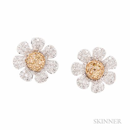 18kt Bicolor Gold, Colored Diamond, and Diamond Daisy Earrings