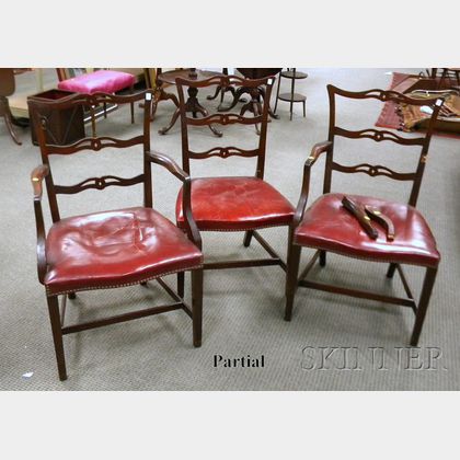 Set of Six Kaplan Federal-style Red Leather Upholstered Mahogany Ribbon-back Dining Chairs and a Single Shield-back Side Chair