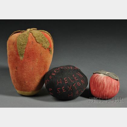 Large Velvet Strawberry Pincushion, Embroidered Pincushion, and a Silk Apple