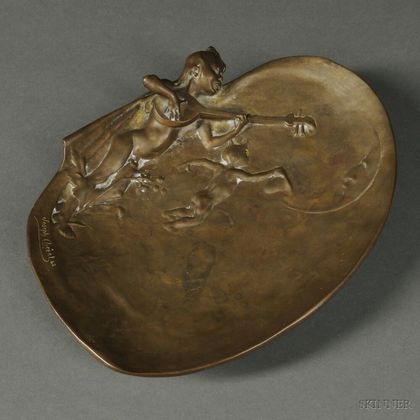 After Gustave Joseph Cheret, (French, 1838-1894) Art Nouveau Bronze Figural Dish Modeled with Children Serenading the Moon