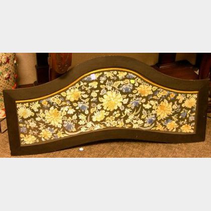 Ebonized Wood Framed Chinese Silk Floral Embroidered Panel Serving Tray. 