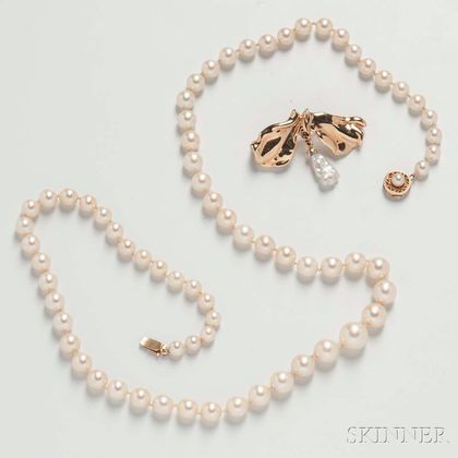 Graduated Cultured Pearl Necklace and Skylight 14kt Gold and Pearl Brooch