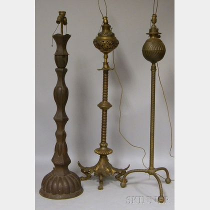Two Late Victorian Brass Kerosene Floor Lamps and a Copper Floor Lamp