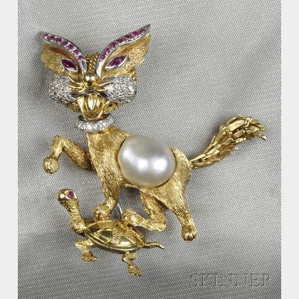14kt Gold Gem-set Cat and Turtle Brooch