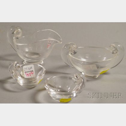 Three Steuben Colorless Glass Salts and a Creamer