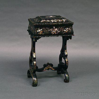 Chinese Export Black-lacquered Sewing Stand and Box