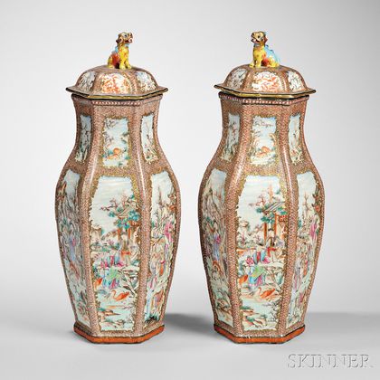 Pair of Chinese Export Porcelain Vases and Covers