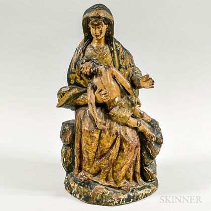 Polychrome Carved Wood Figure of Mary Holding the Baby Jesus