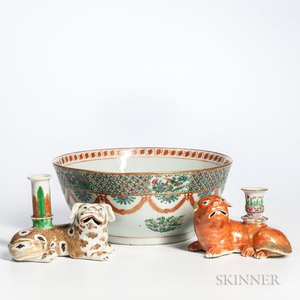 Export Porcelain Punch Bowl and Two Pug Candlesticks