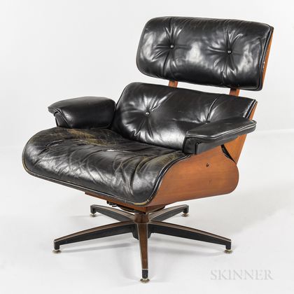 Eames-style Teak and Leather Lounge Chair