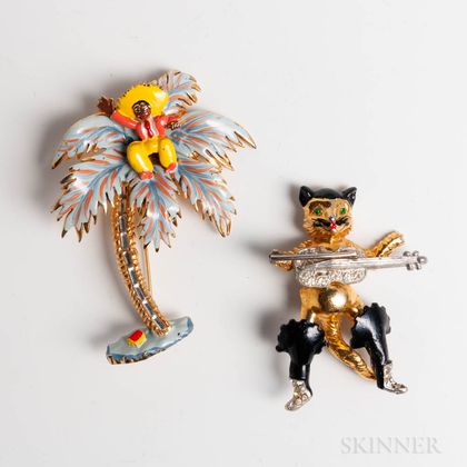 Two Enameled and Rhinestone Costume Brooches