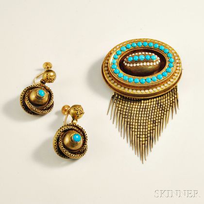 Antique Gold and Turquoise Brooch and Earrings
