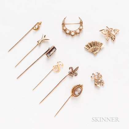 Group of Mostly 14kt Gold Pins and Stickpins