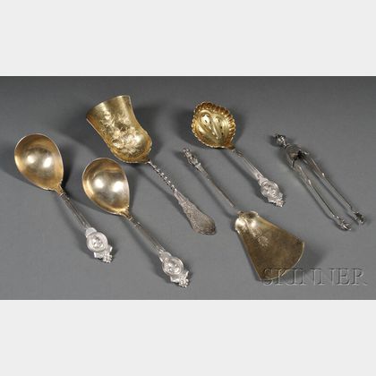 Six American Mostly Gold-washed Silver Flatware Serving Items