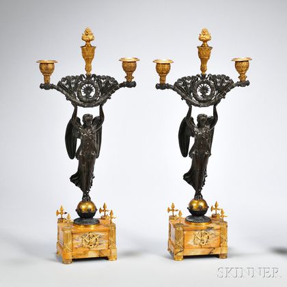 Pair of Empire Gilded and Patinated Bronze Figural Three-light Candelabra