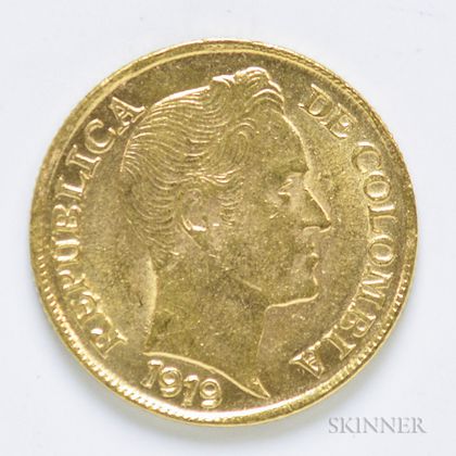 1919 Columbian 5 Pesos Gold Coin, KM201.1.