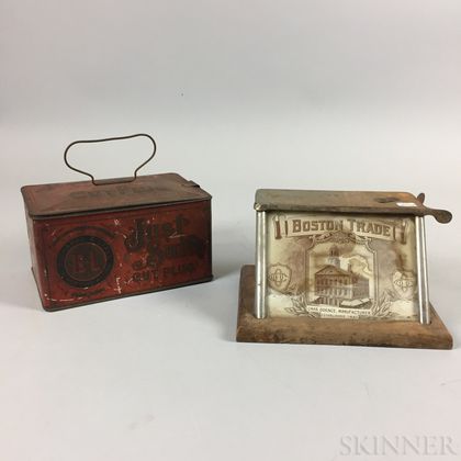 Charles Odence "Boston Trade" Tin and Glass Cigar Cutter and a "Just Suits Cut Plug" Tin. Estimate $200-300