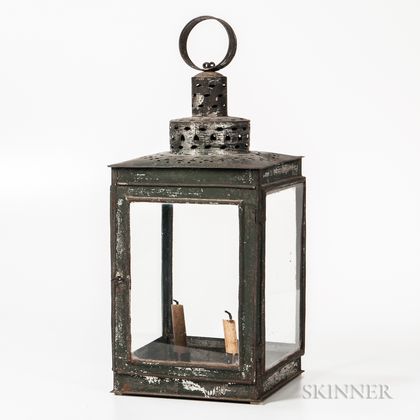 Green-painted Pierced Tin Candle Lantern