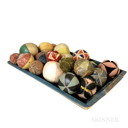 Large Blue-painted Maple Tray and a Group of Fabric Balls