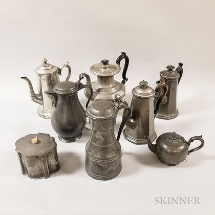 Four Pewter Coffeepots, Two Flagons, a Teapot, and a Tea Caddy