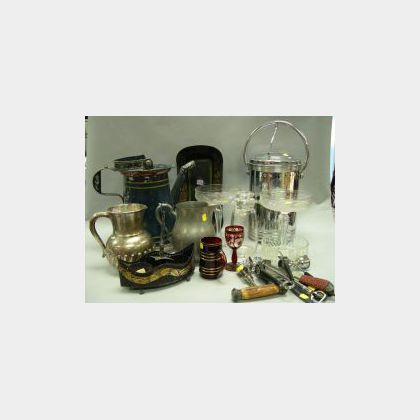Sterling Water Pitcher, Two Cut Glass Compotes, a Tole Water Can, Caddy and Bread Tray and Fifteen Bar Related Items