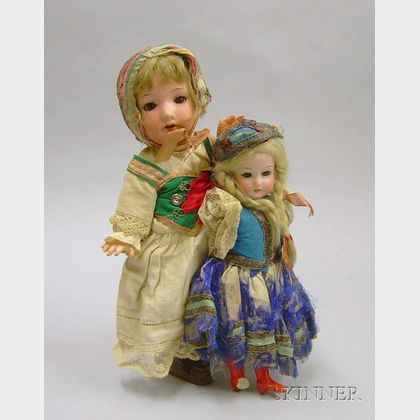 Two German Bisque Girl Dolls in Original European Regional Costume