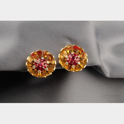 18kt Gold, Ruby, and Diamond Flower Earclips, Aletto Bros.