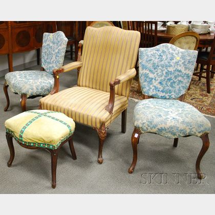 Pair of Rococo-style Upholstered Shield-back Beechwood Side Chairs, an Upholstered Carved Maple Armchair, and a Make-do Stool. 