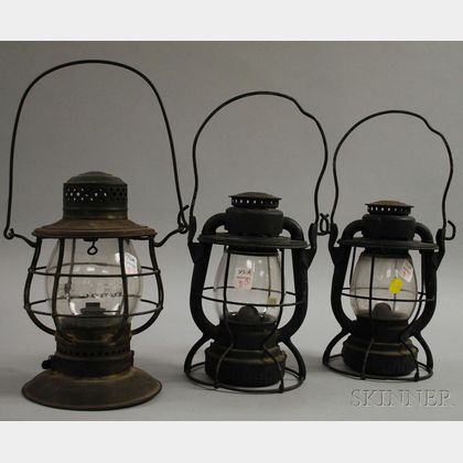 Three Tin Railroad Kerosene Lanterns with Colorless Molded Glass Globes