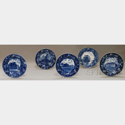 Five Blue Transfer-decorated Pottery Dinner Plates with Massachusetts Views