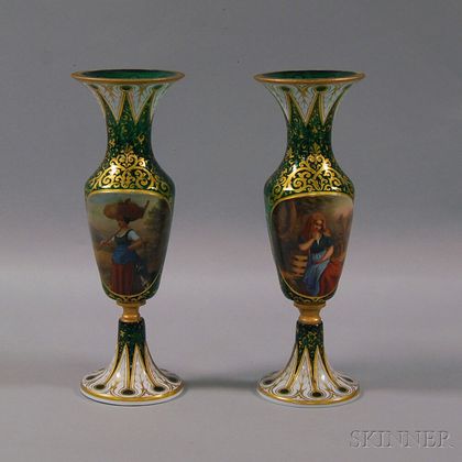 Pair of Bohemian Green Glass Portrait Vases