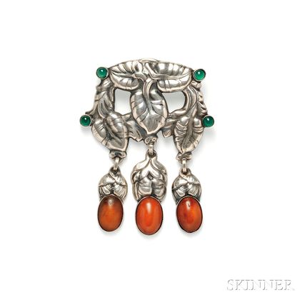 .830 Silver, Amber, and Green Agate Brooch, Georg Jensen