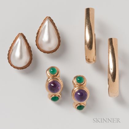 Three Pairs of 14kt Gold Earrings