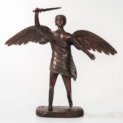 Carved Oak Angel Gabriel Figure Holding a Sword
