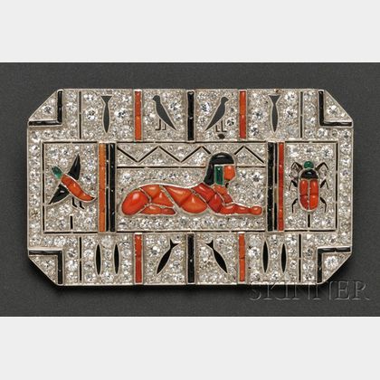 Art Deco Egyptian Revival Gem-set Plaque Brooch, France