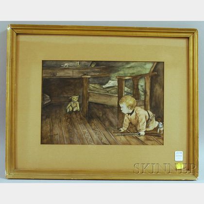 Framed Watercolor of a Boy and His Teddy Bear