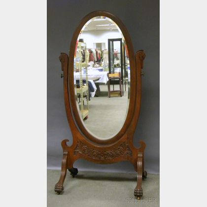 Late Victorian Carved Oak Cheval Mirror