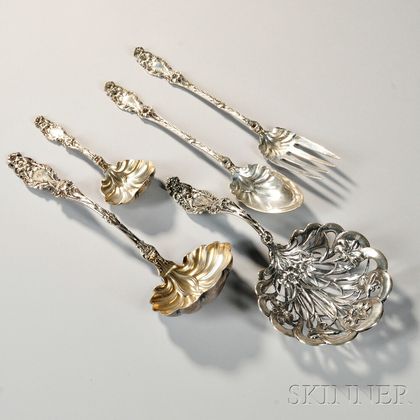 Five Pieces of Whiting "Lily" Pattern Sterling Silver Flatware