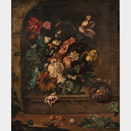 Flemish School, 17th Century Style Still Life of Flowers and a Bird's Nest in a Stone Alcove