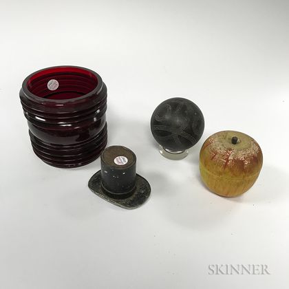 Red Glass Lantern Shade, an Apple-form Game, a Top Hat Container, and a Lawn Ball.
