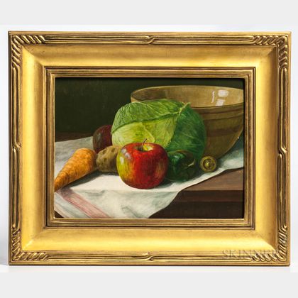 R. Arcadius Lyon (Massachusetts, act. Early 20th Century) Still Life with Apple, Head of Cabbage, and Yellowware Bowl