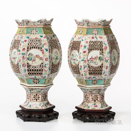 Pair of Famille Rose Porcelain Lanterns