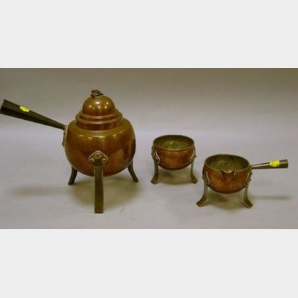 Three-Piece European Arts & Crafts Iron Mounted Hammered Copper Hot Water Pot, Creamer, and Sugar Set. 