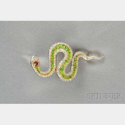 Fine Edwardian Demantoid Garnet and Diamond Snake Brooch