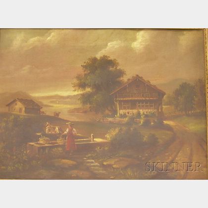 Framed Continental School Oil on Canvas Scene with a Couple in Front of a Country House