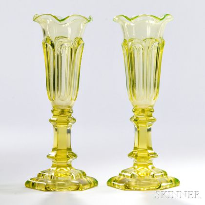 Pair of Canary Yellow Pressed Glass Loop Pattern Vases