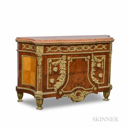 Louis XVI-style Ormolu-mounted Fruitwood Veneer Marble-top Commode